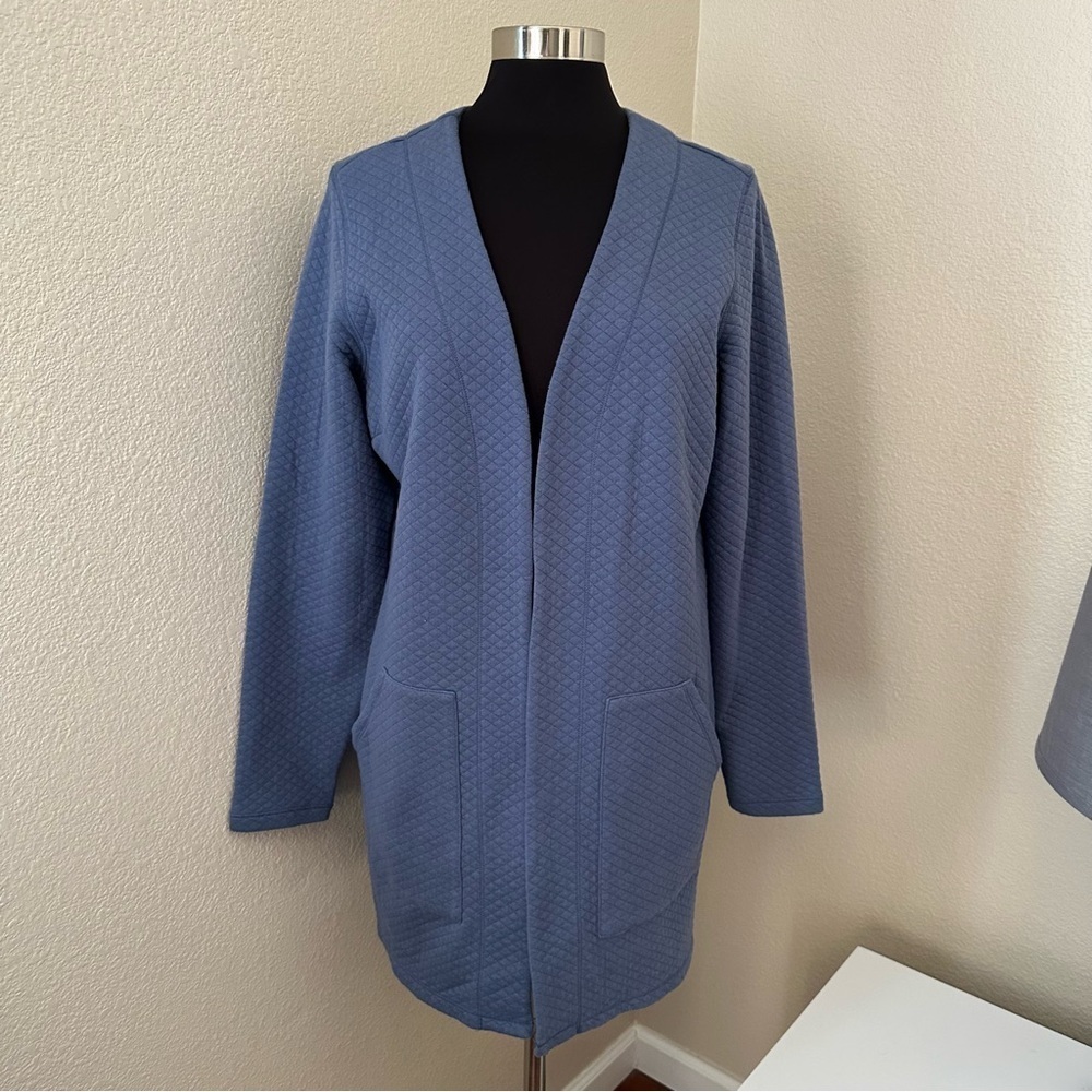 L.L. Bean Blue Quilted Open Front Long Sleeve Cardigan Size L